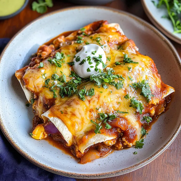 Eine Schüssel mit Vegetarian Enchiladas, die mit verschiedenen Zutaten wie Käse, Mayonnaise und Zwiebeln garniert sind.