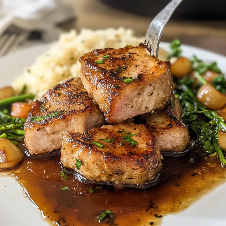 Ein Plate mit Baked Pork Chops, gegrillten Steak und Sauce.