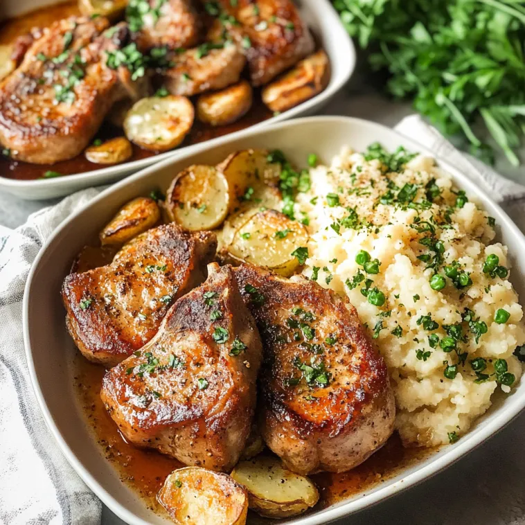 Ein Bild von zwei Beilagen, die aus Pork Chops und Gnocchi bestehen.