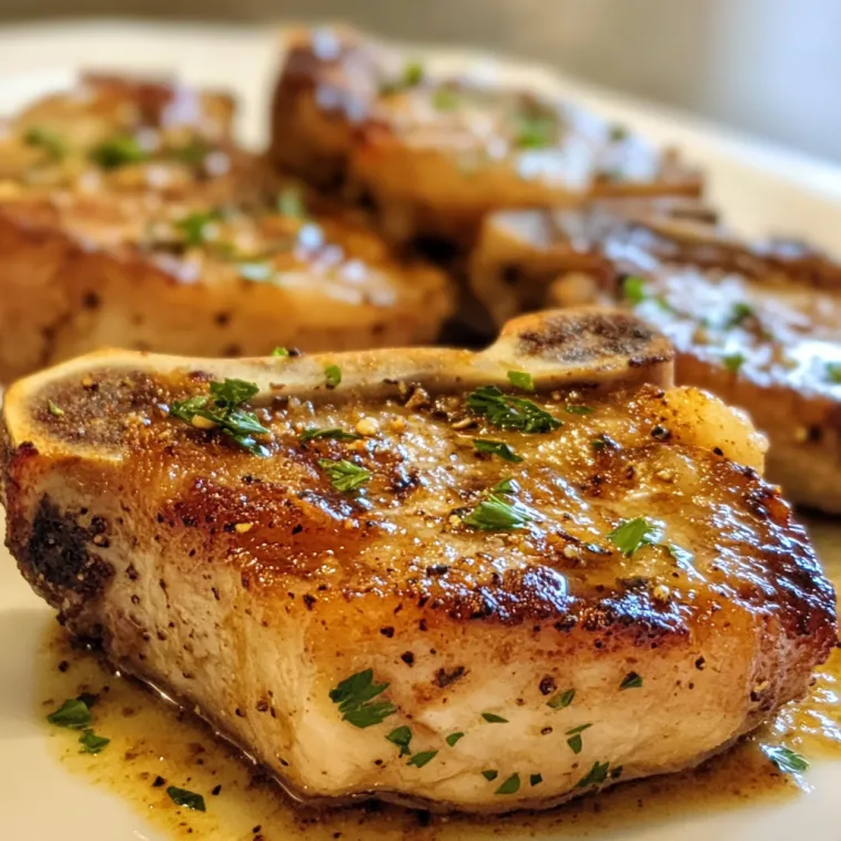 Eine Platte mit gegrillten Schweinebrustchen, die mit Parsley und Zwiebeln garniert sind.