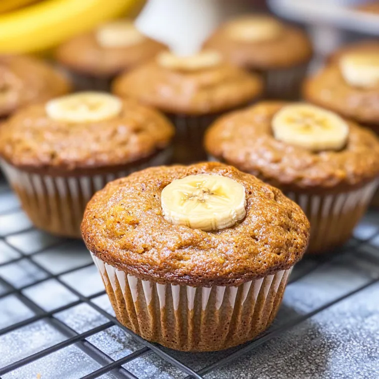 Ein Bild von einer Banana Muffin mit einer Banane auf der Oberseite.