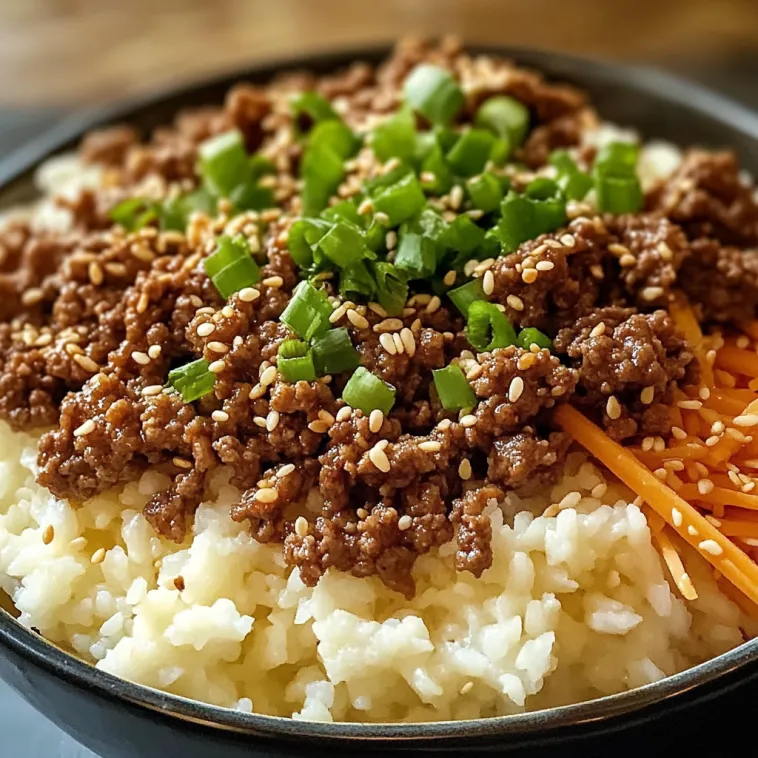 Ein Koreanischer Rindfleisch-Bowl mit Reis und Zwiebeln.