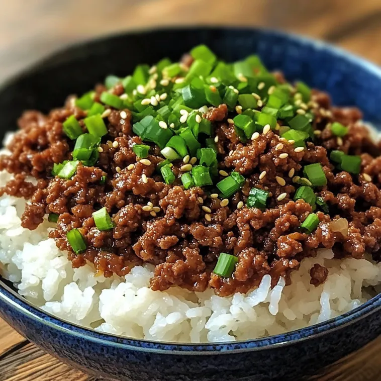 Ein Koreanischer Beef-Bowl mit Rice und grünen Zwiebeln.
