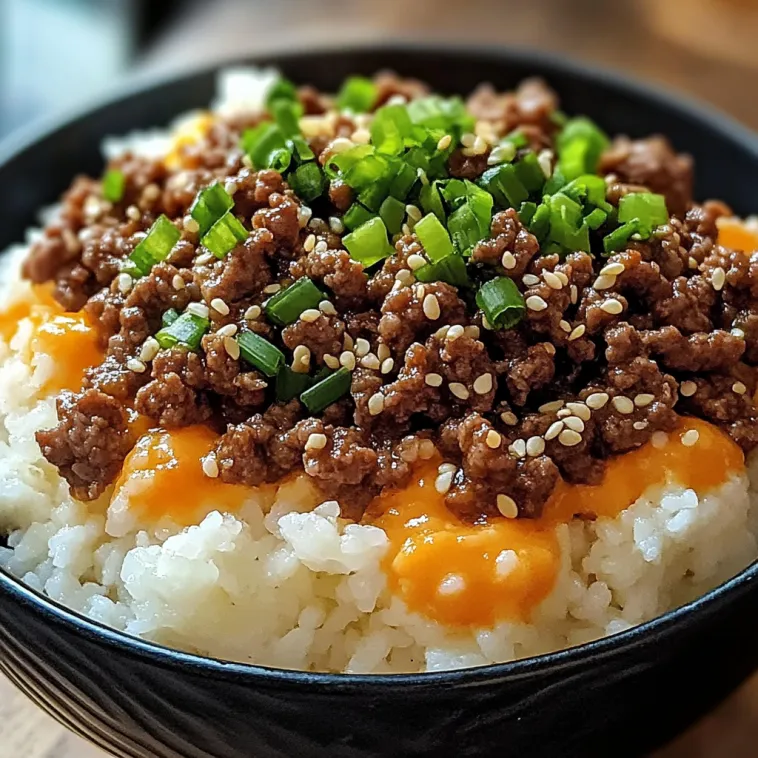 Ein Koreanischer Rindfleisch-Bowl mit gegrilltem Rindfleisch, Zwiebeln, Sesam und einer Sauce.