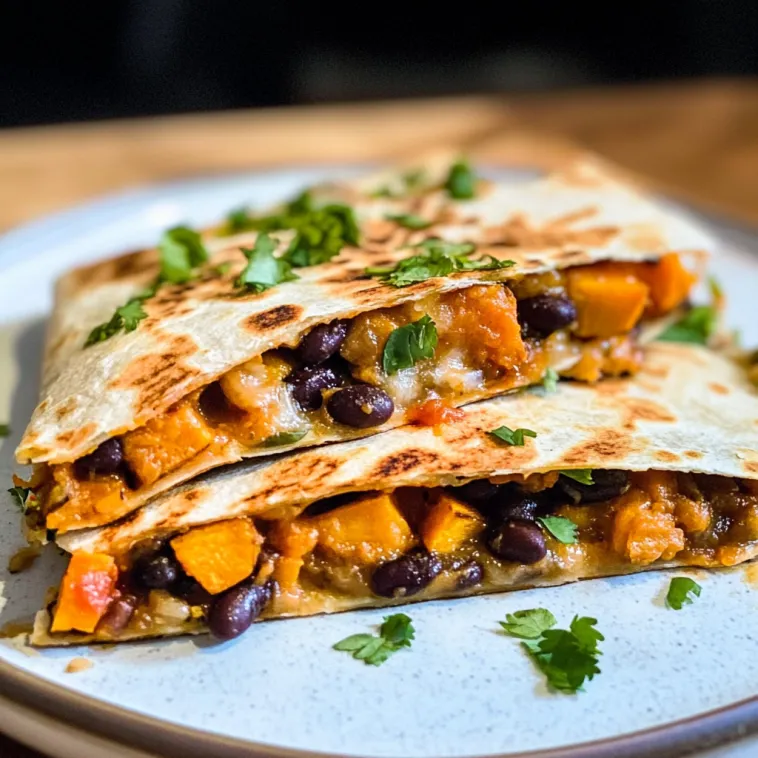 Eine Platte mit zwei Quesadillas, die mit schwarzen Bohnen und Kürbis gefüllt sind.