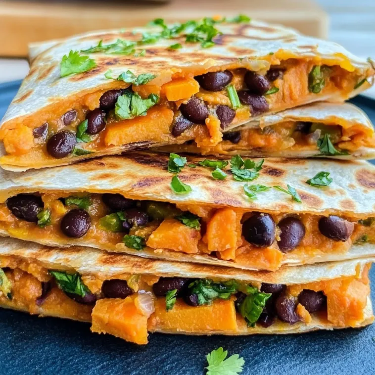 Eine Schicht aus Sweet Potato, Black Beans und Spinach auf einer Quesadilla.
