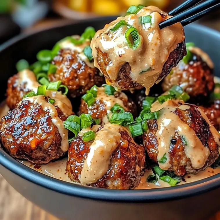 Ein schwarzes Bowl mit Korean BBQ Meatballs und Spicy Mayo Dip.