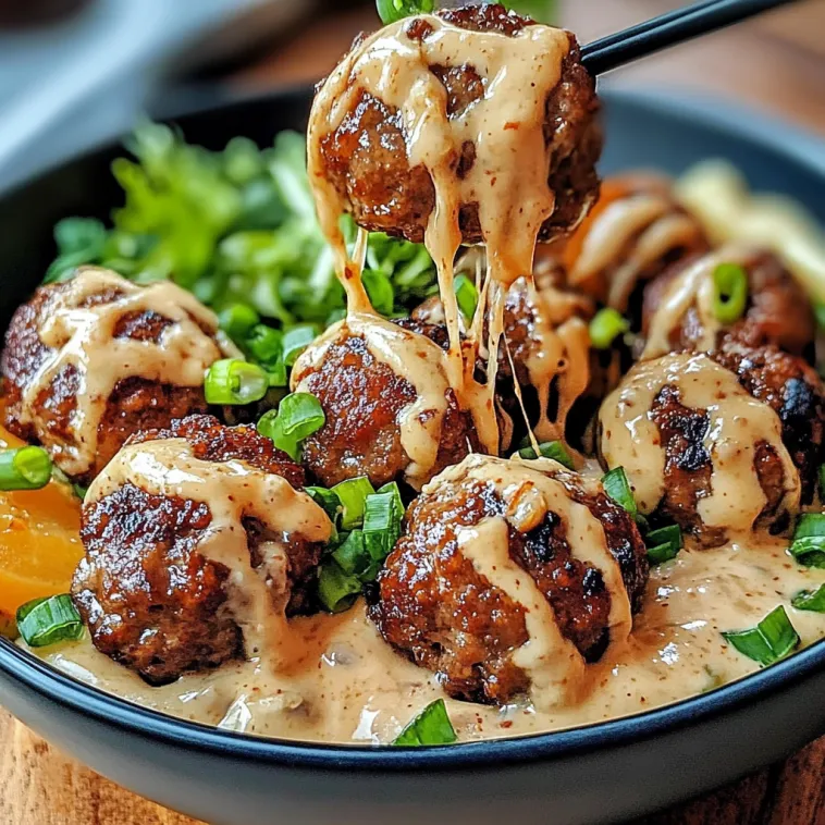 Ein schwarzes Bowl mit Korean BBQ Meatballs und Spicy Mayo Dip.