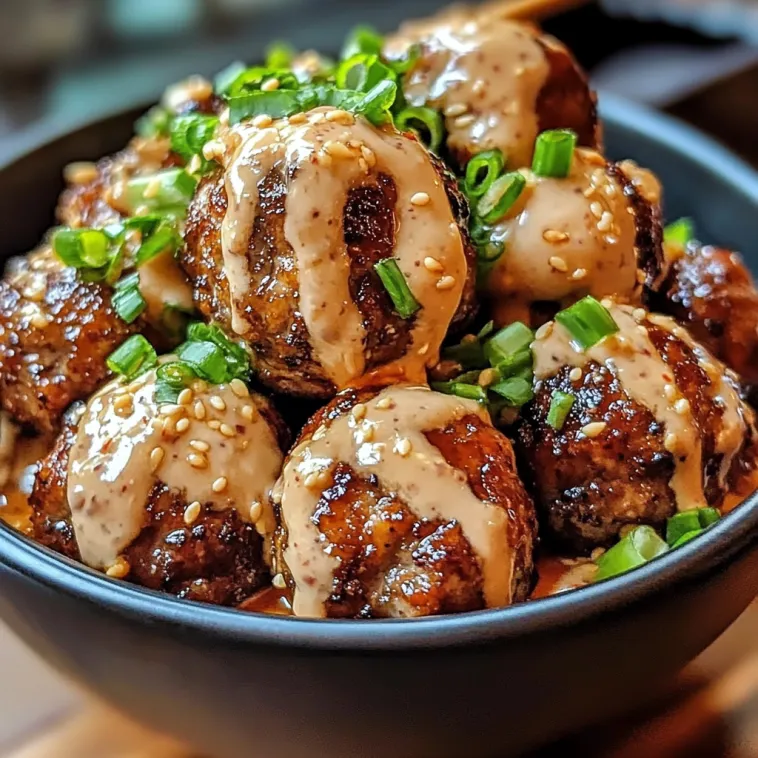 Ein schwarzes Bowl mit Korean BBQ Meatballs und Spicy Mayo Dip.