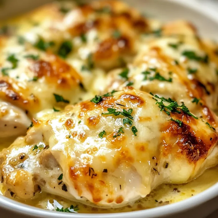 Ein weißer Teller mit Chicken Gloria Recipe darauf.