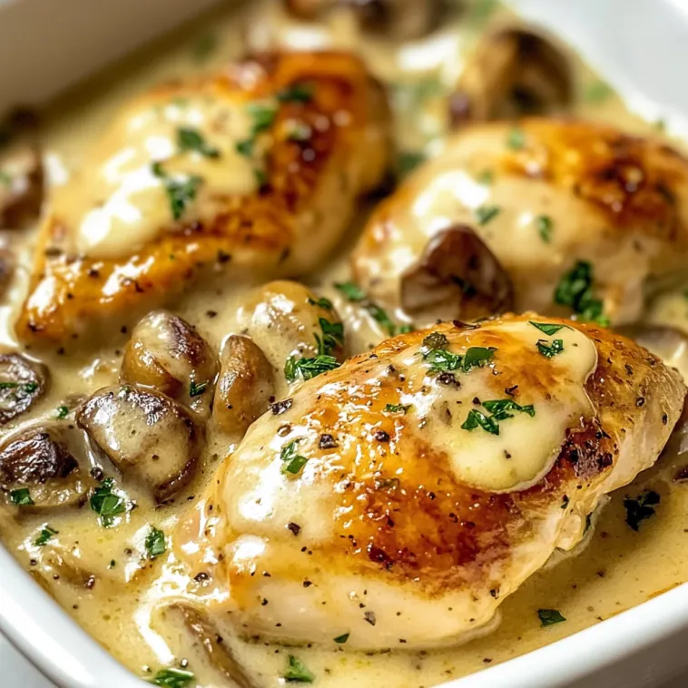 Chicken Gloria Recipe: Ein Bild von Chicken mit Mushrooms und Zwiebeln in einer Sauce.