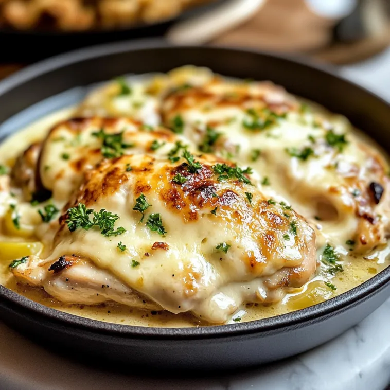 Ein Schüssel mit Chicken Gloria Recipe, die mit Käse und Zwiebeln zubereitet wurde.