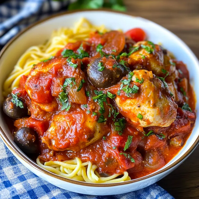 Eine Schüssel Pasta mit Hähnchen und Tomatensoße.