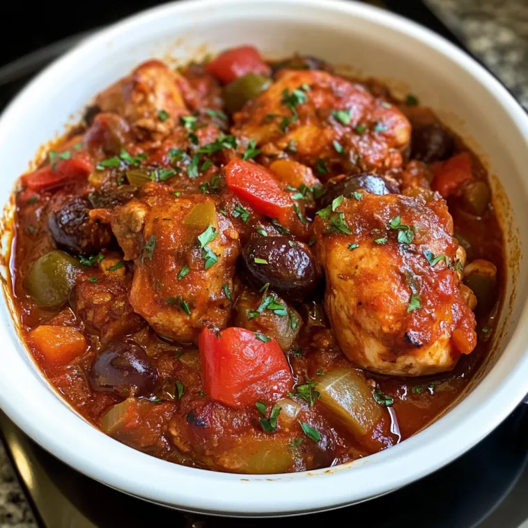 Eine Schüssel Hähnchen Cacciatore.