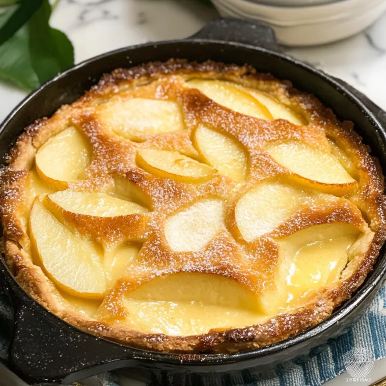 Ein Kuchen mit goldener Kruste und Birnenfüllung.