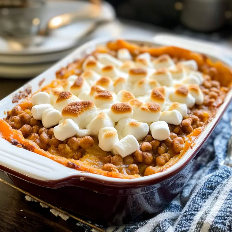 Ein Teller Süßkartoffel-Auflauf mit Marshmallows obendrauf.