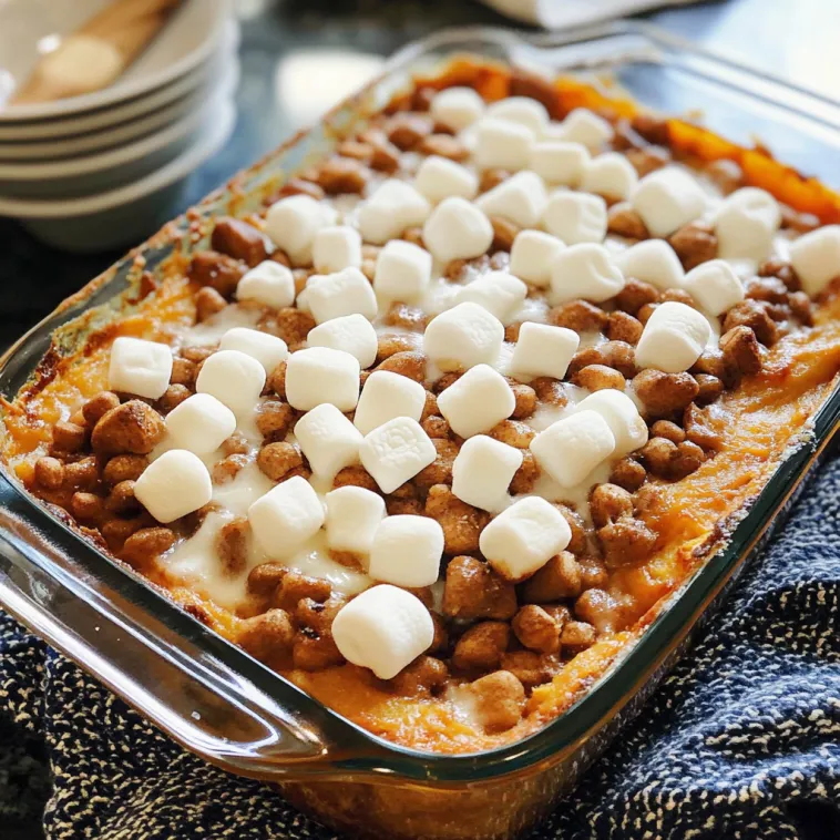 Ein Teller Süßkartoffel-Auflauf mit Marshmallows.