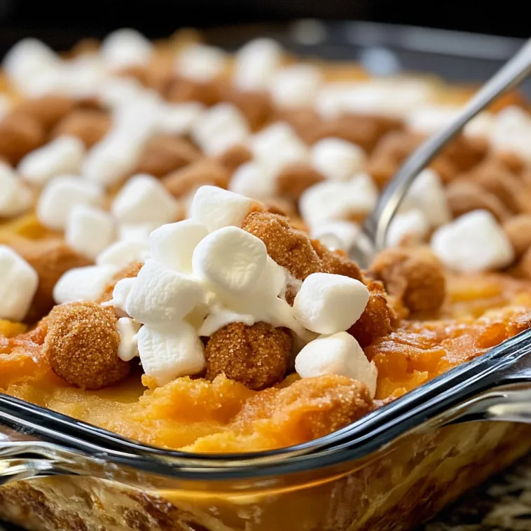 Ein Teller mit Süßkartoffelauflauf und Marshmallows.