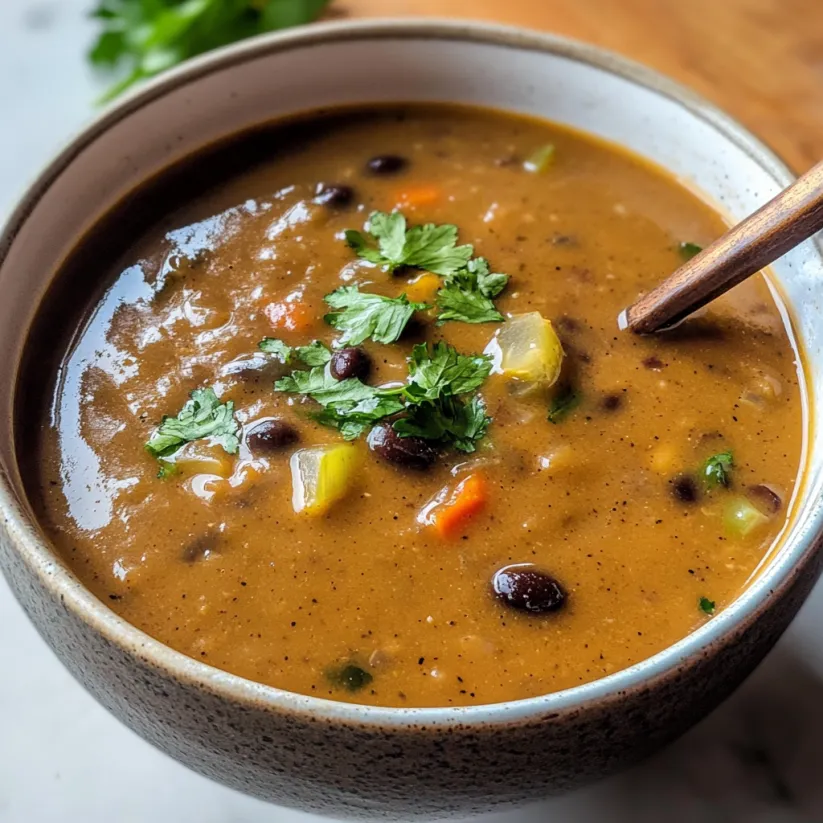 Eine Schüssel Suppe mit einem Löffel darin.