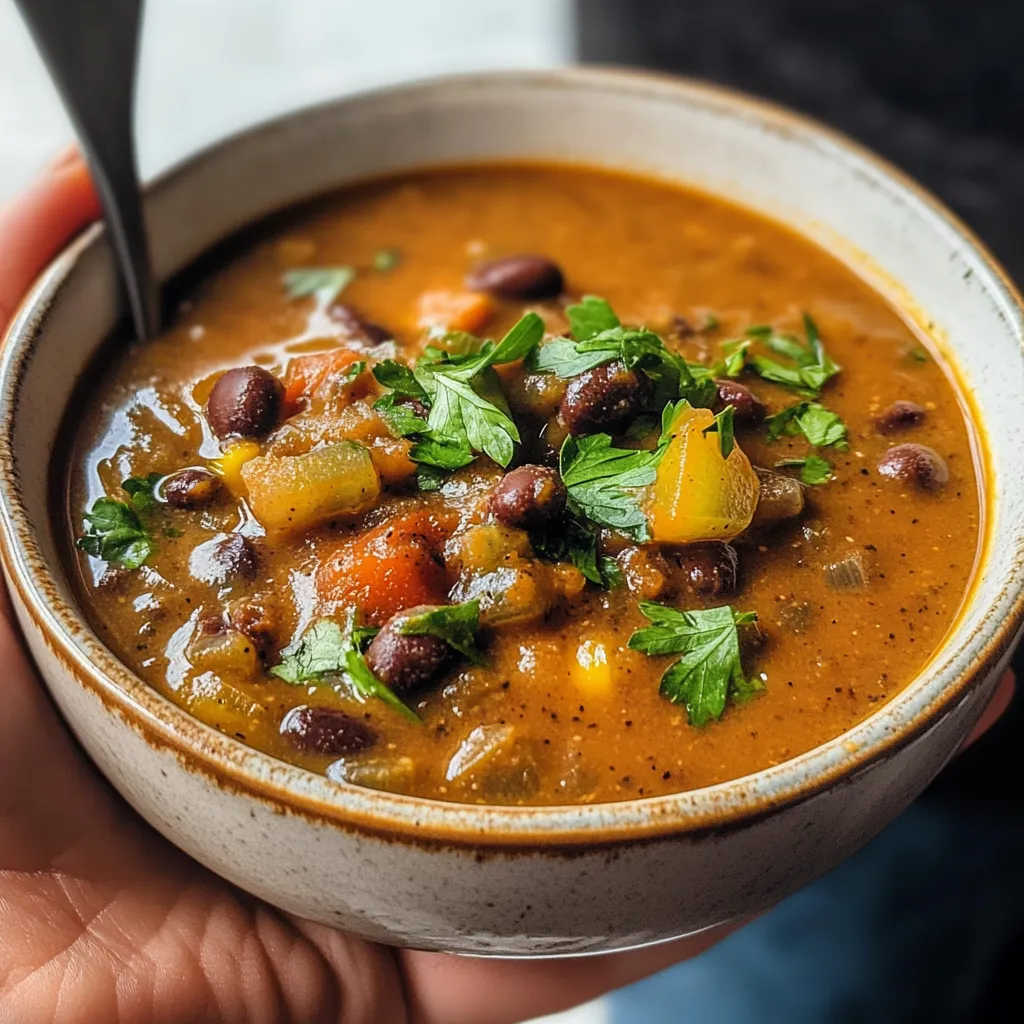 Eine Schüssel vegane schwarze Bohnensuppe.