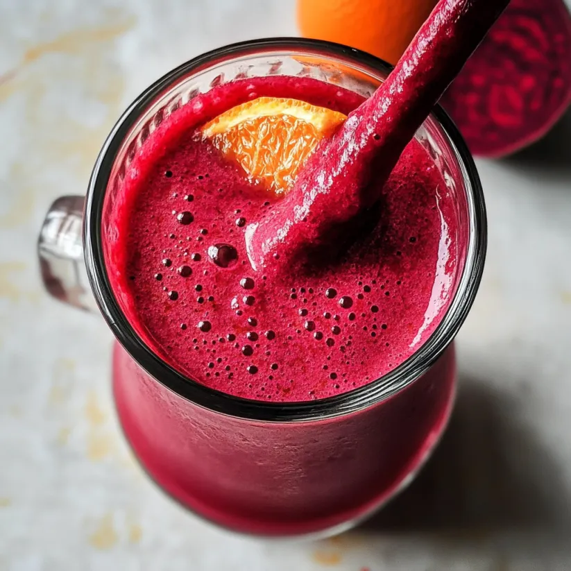 Ein Glas Beete-Orange-Smoothie mit einem Strohhalm.