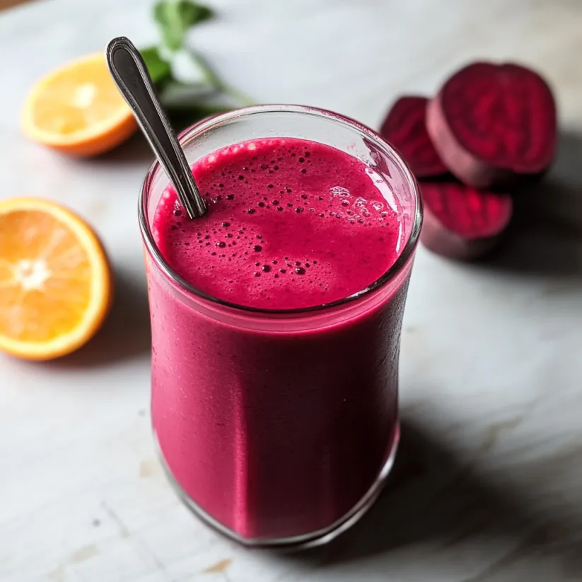 Ein Glas Rote-Beete-Orangen-Smoothie.