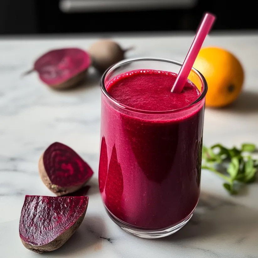 Ein Glas Rote-Beete-Orangen-Smoothie mit Strohhalm.