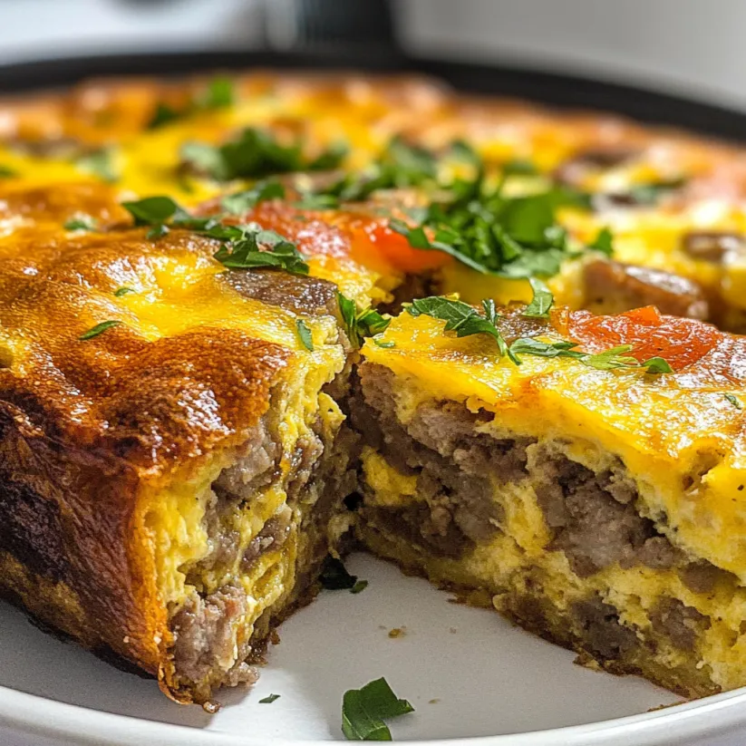 Ein Stück Wurst-Frittata auf einem Teller.