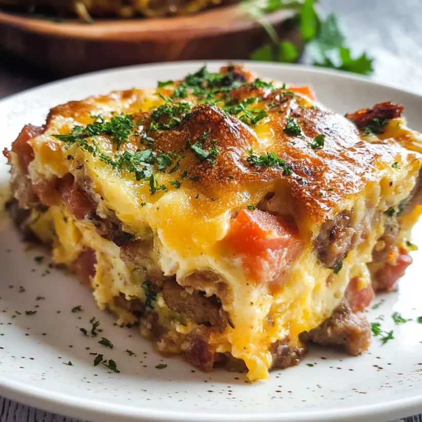 Eine Wurstfrittata auf einem Teller.