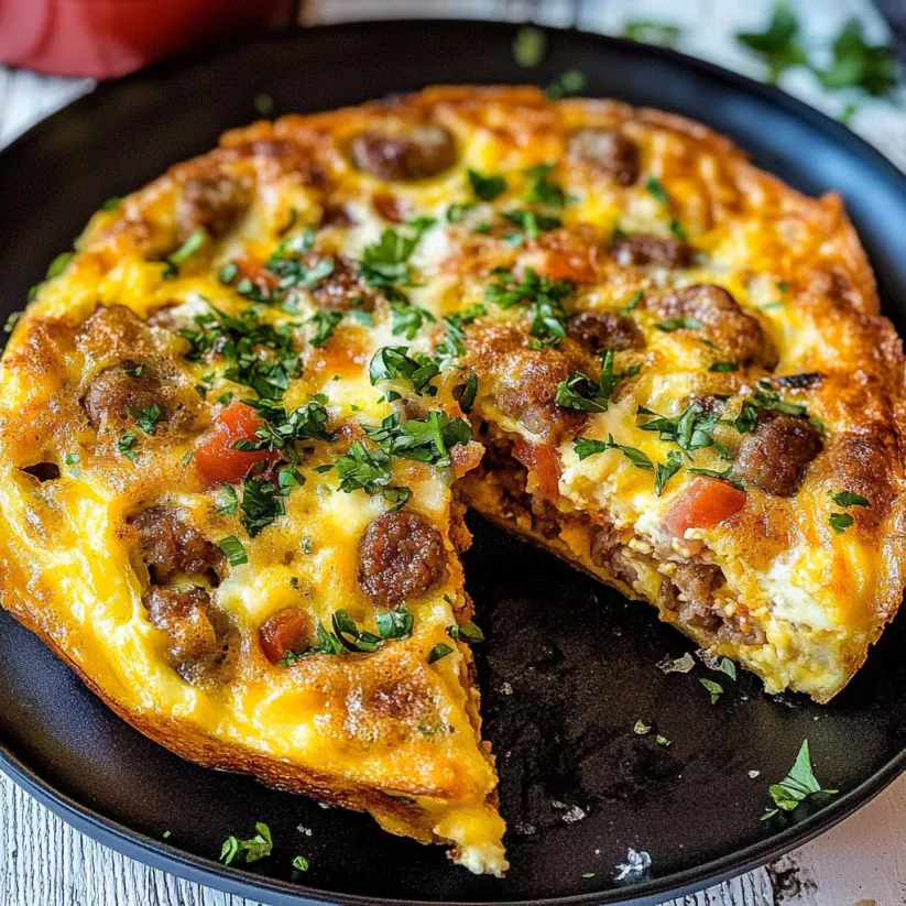 Ein Stück Wurstfrittata auf einem Teller.