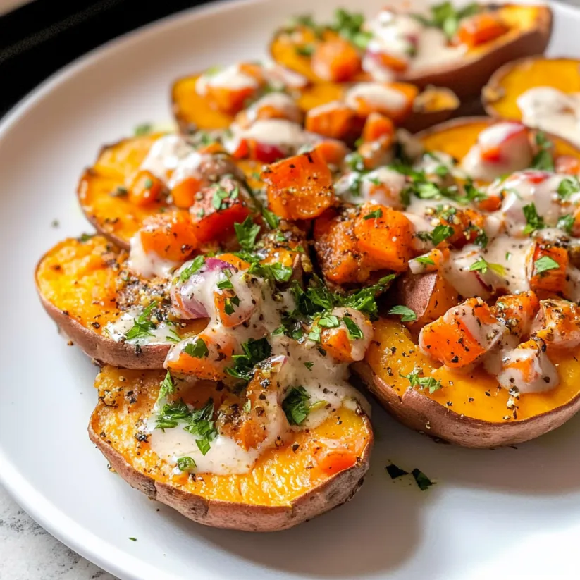 Gebackene Süßkartoffeln mit Kichererbsen und Soße.