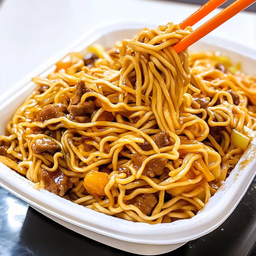 Eine Schüssel Chow Mein Nudeln mit Fleisch und Gemüse.
