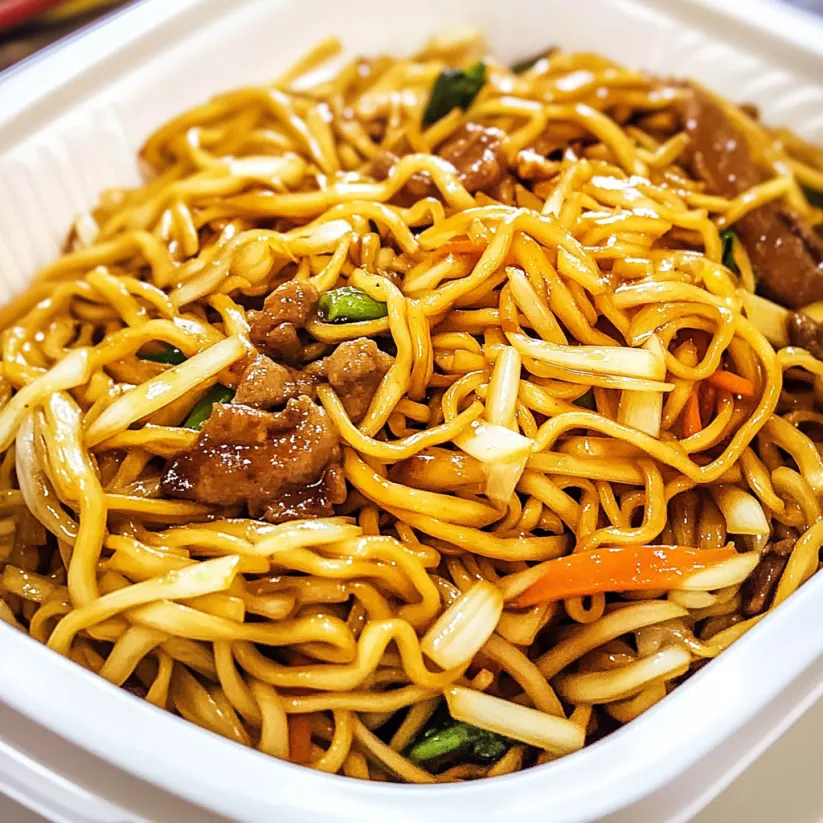 Eine Schüssel Chow-Mein-Nudeln mit Fleisch und Gemüse.