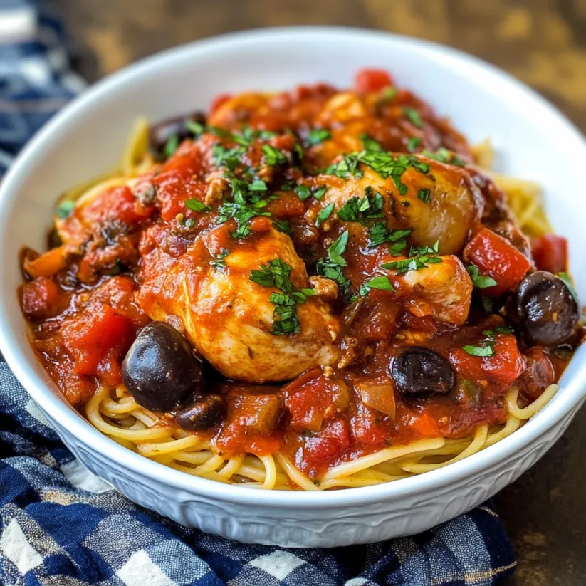 Ein weißer Teller mit einer Mischung aus Nudeln, Tomaten, Oliven, Zwiebeln und Chicken Cacciatore.