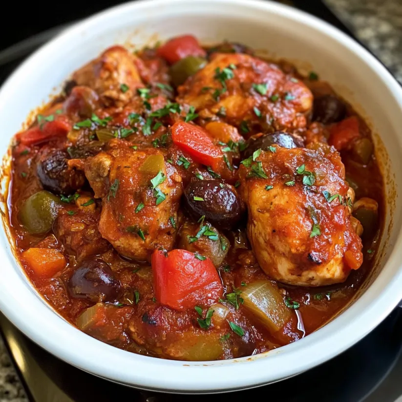 Ein weißer Topf mit einer Mischung aus Gemüse und Fleisch, die in einem Slow Cooker zubereitet wurde.
