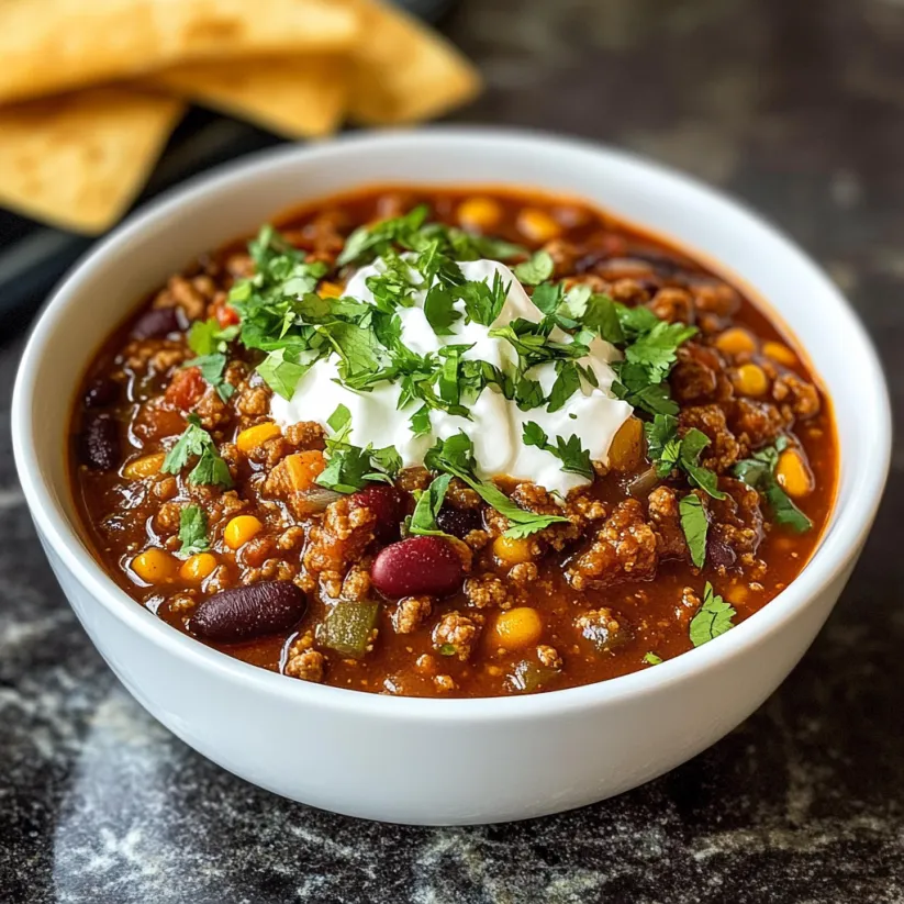 Ein weißer Instant Pot Chili mit grünen Zutaten und cremeigen Zutaten.