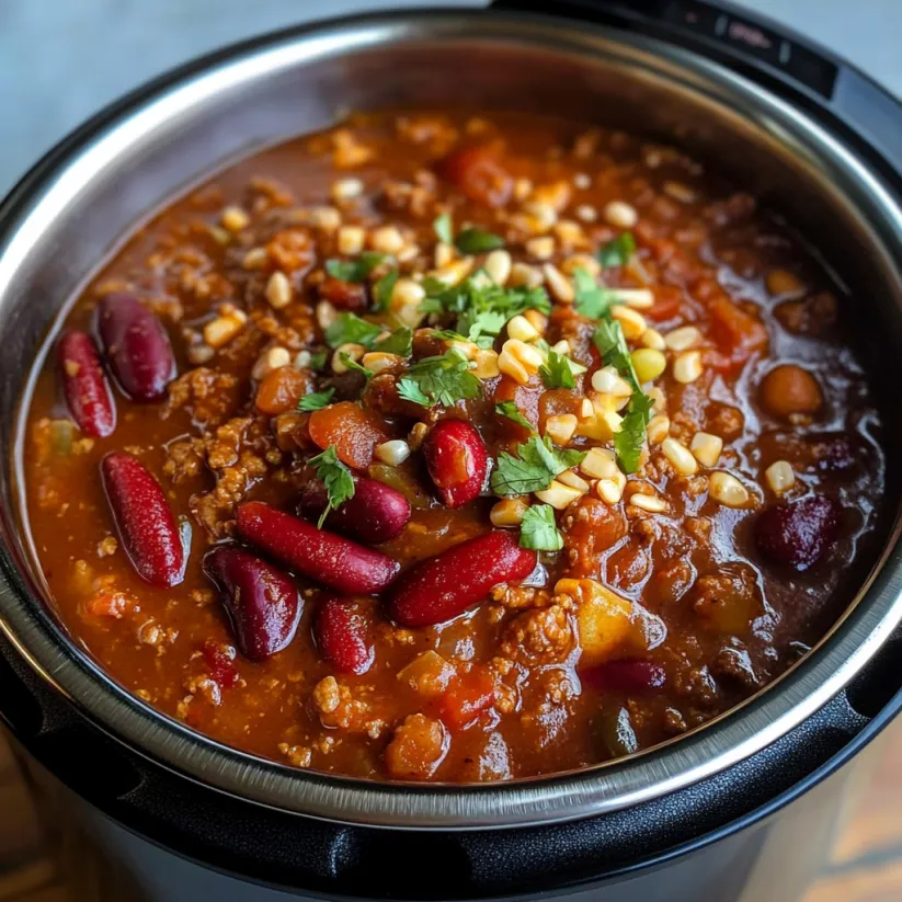 Ein Instant Pot Chili mit einer Mischung aus Kichererbsen, Tomaten, Kartoffeln, Rindfleisch, Koriander und Gewürzen.