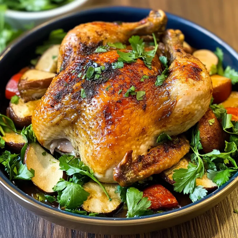 Ein ganzes Huhn in einem Schüsselchen, das mit verschiedenen Gemüsearten wie Karotten, Zwiebeln und Paprika garniert ist.