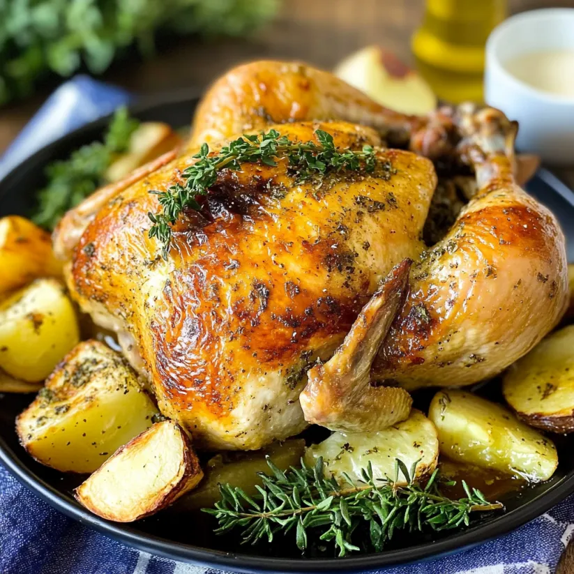Ein ganzes Huhn mit Gewürzen und Kräutern auf einem Teller.