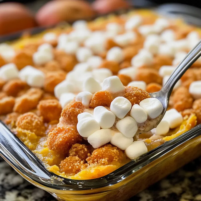 Ein Schälchen mit Sweet Potato Casserole und Marshmallows.