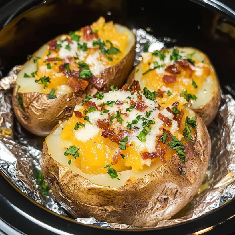 Ein Crock Pot Baked Potatoes mit Bacon und Käse.