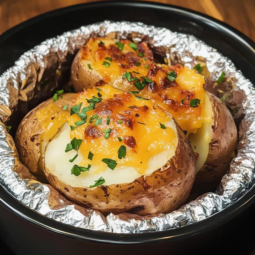 Ein Crock Pot Baked Potatoes mit grünen Zwiebeln und Käse.