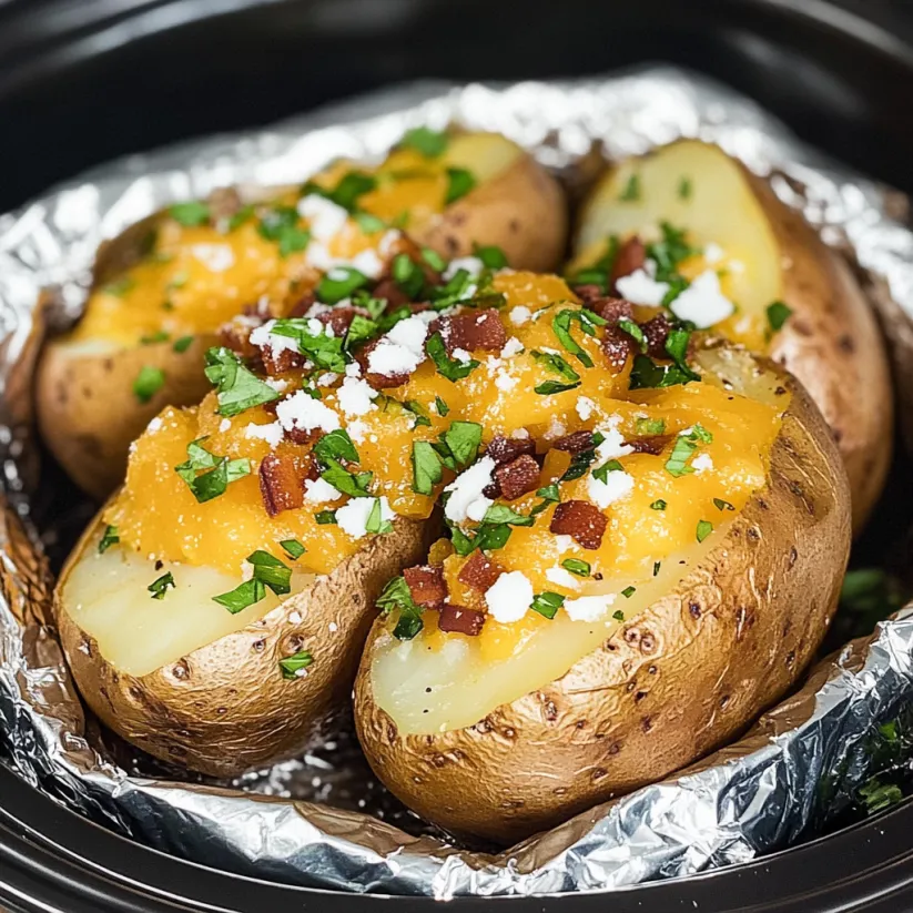 Ein Crock Pot mit baked potatoes, die mit grünen Zutaten und Bacon garniert sind.