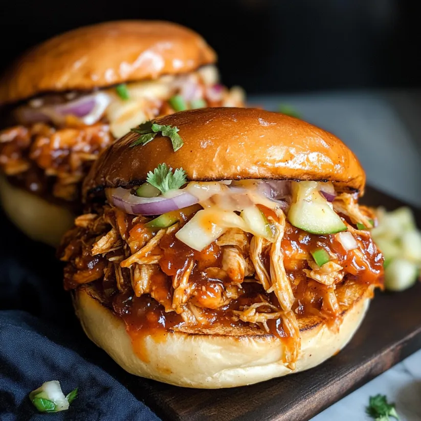 Zwei Sandwiches mit BBQ Chicken und Pommes frites auf einem Tisch.