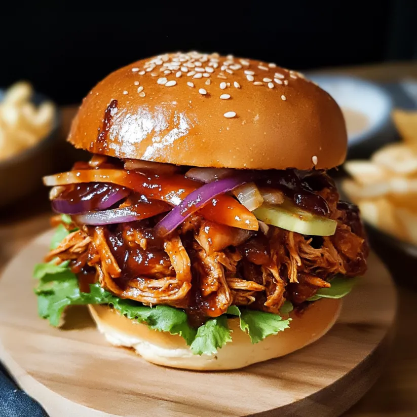 Ein BBQ Chicken Sandwich auf einem Holzbrett.