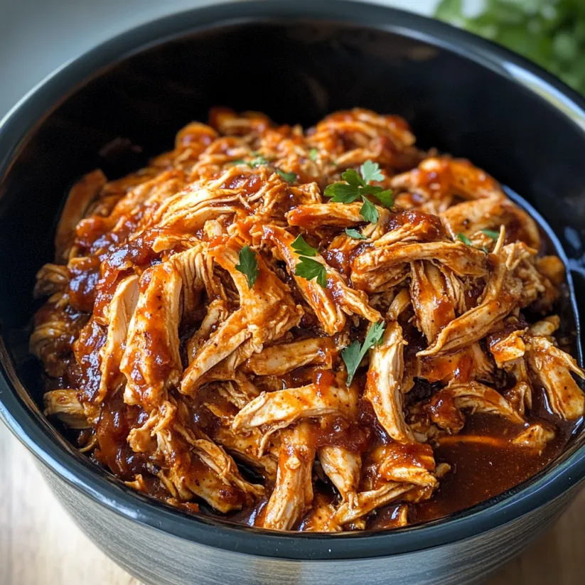 Ein schwarzes Crockpot mit BBQ Chicken.