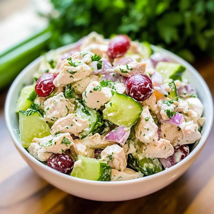 Ein Glas mit einer Mischung aus Gemüse und Hühnchen, die als Salat serviert wird.