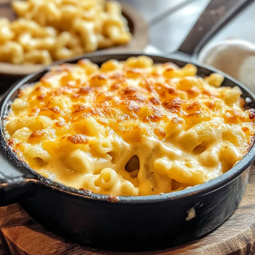 Ein Schälchen mit Mac and Cheese, das in einem Schälchen auf einem Tisch serviert wurde.