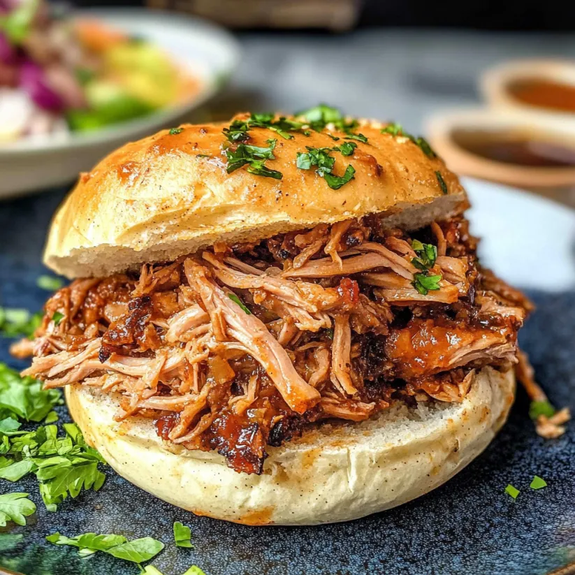 Ein Pulled Pork Sandwich auf einem Teller.