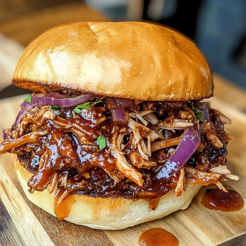 Ein Pulled Pork Sandwich auf einem Holzblock.